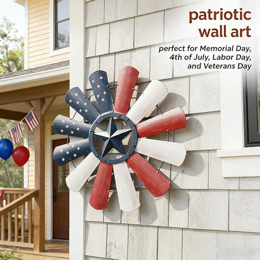 JJALIGHTS 23" Windmill Wall Decor, Patriotic American Flag Metal Wall Art with Texas Star, 4th of July Indoor Outdoor Decorations for Farmhouse Porch Garden Patio Fence Home