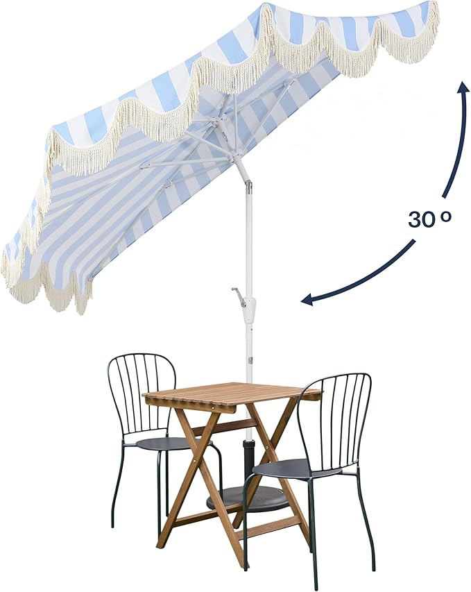 JONATHAN Y Half Umbrella UMB1201J Beverly 9 ft. Designer Classic Scalloped Fringe Market Patio with Crank, Tilt Button and UV Protection in Light Blue/White, White Pole