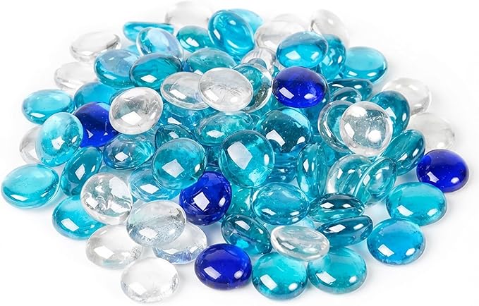 Houseables Glass Beads for Vases, Marbles for Vases, Glass Marbles, Blue & Clear Beads, Flat, Blue & Clear Gems, Filler, Crafts, Pebbles, Stones, Decorative Rocks, Plants, Flower, Fishbowl, 5LB, 500PC
