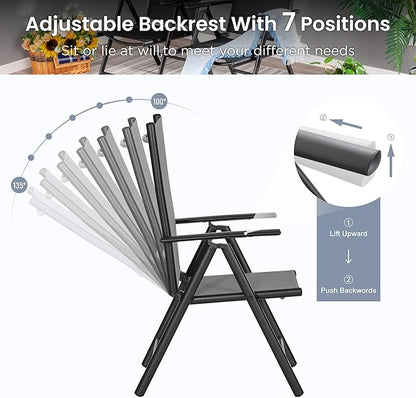 PHI VILLA Outdoor Dining Set with Umbrella for 4, Patio Dining Funiture Set with Metal Outdoor Table and Chairs Foldable with Adjustable Backrest