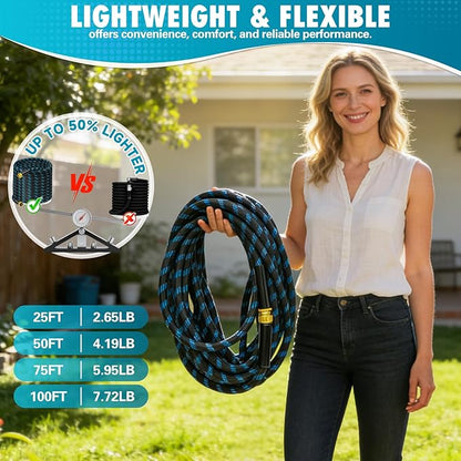 25 FTGarden Hose, Non-Expandable Flexible Fabric Water Hose with 10-Function Spray Nozzle, Kink-Free & Lightweight Yard Hose with 3/4" Solid Brass Connectors for Lawn, Outdoor, RV & Marine Use
