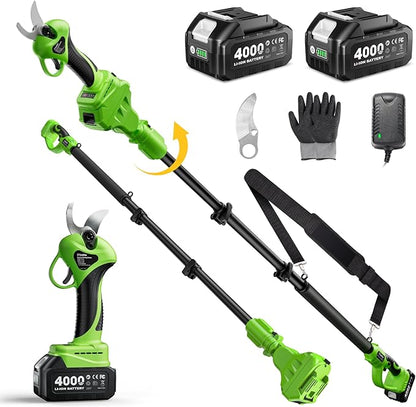 TaskStar 2-in-1 Electric Pruning Shears: 20V Cordless Pole Pruner 1.2" Cutting Diameter - 2 Pcs 4000mAh Battery, 9Ft Telescopic Pole, Extra SK5 Blade, 3 Modes Brushless Power Tree Pruner for Gardening
