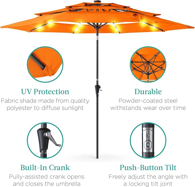 Best Choice Products 10ft 3-Tier Solar Patio Umbrella, Outdoor Market Sun Shade for Backyard, Deck, Poolside w/ 24 LED Lights, Tilt Adjustment, Easy Crank, 8 Ribs - Orange