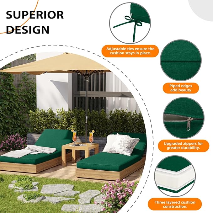 Sundale Outdoor Olefin Chaise Lounge Cushion, Water-Resistant Patio Lounge Chair Cushion, Thick Lounger Pad with 4 Straps Dark Green, 80 x 26 x 4 Inches