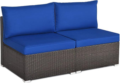 COSTWAY 2PCS PE Rattan Armless Sofa, Wicker Patio Conversation Set Chairs with Soft Cushion, Outdoor Sectional Furniture for Yard, Poolside (Navy)