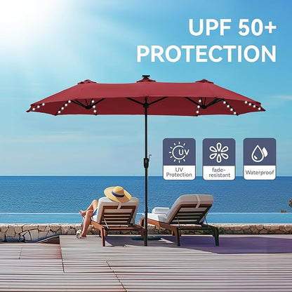 GREEN PARTY 13 ft Rectangle Patio Umbrella with Solar Lights, Double-Sided Market Table Umbrella with Crank, Large Outdoor Umbrellas for Patio Poolside Garden Backyard, Burgundy Red
