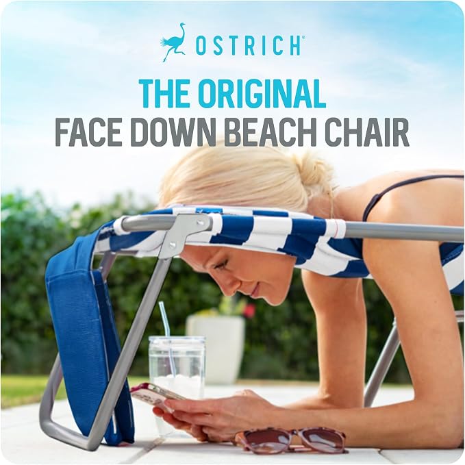 Ostrich the Backpack 3N1 Portable Chair with Cooler Bag and Reclining Lounger for Tanning, Camping, Beach, and Outdoor Essential, Blue Stripe