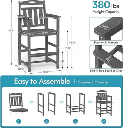 Ciokea Oversized Tall Bar Chairs Set of 2, HDPE Adirondack Outdoor Bar Chairs with Footrest, All-Weather Barstools with High Back for Balcony, Bistro, Porch, Deck, Pool, Backyard, Grey