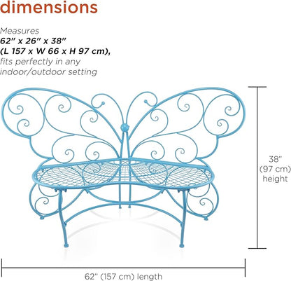 Alpine Corporation BAZ400BL Indoor Outdoor Metal Butterfly Shaped Garden Bench, 62" Long, Blue