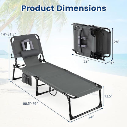 COSTWAY Tanning Chair with Face Hole, Folding Beach Lounge Chair with 4-Position Adjustable Backrest, Pillow & Side Pocket, Foldable Chaise Lounge Chair Outdoor for Sunbathing, Camping (2, Grey)