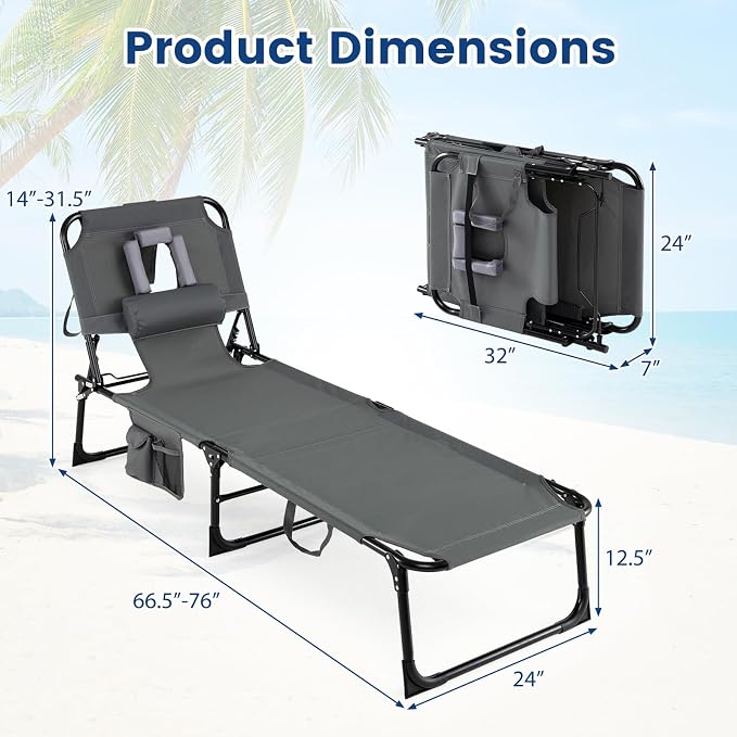 COSTWAY Tanning Chair with Face Hole, Folding Beach Lounge Chair with 4-Position Adjustable Backrest, Pillow & Side Pocket, Foldable Chaise Lounge Chair Outdoor for Sunbathing, Camping (1, Grey)