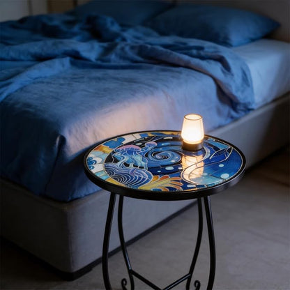 15 Inch Jellyfish Mosaic Side Table (1 PC) - Small Outdoor Round Folding Table with Weather-Resistant Metal Frame, Coastal Accent End Table for Patio, Garden, Balcony, Backyard