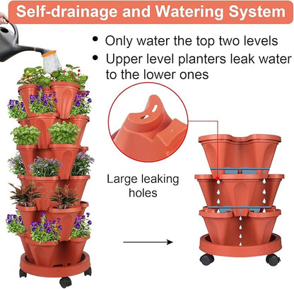 GameXcel Vertical Planter Tower- 6 Tier Stackable Garden Planter with Wheels and Tool Set – Grow Strawberries Herbs Flowers and Vegetables - Indoor Outdoor Use Red