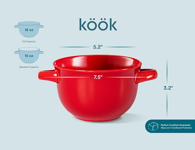 KooK French Onion Soup Crocks with Handles, Ceramic Bowls, for Rice, Dessert, Pasta, Dishwasher, Microwave, Oven & Broil Safe, Red, Set of 4, 18 oz, Red