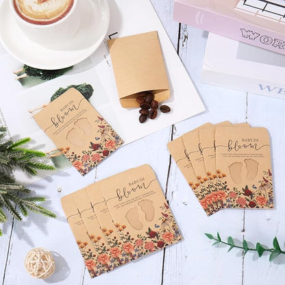 JarThenaAMCS 100Pcs Wildflower Baby Shower Seed Packets Self Adhesive Kraft Envelope with Footprint Window Vintage Floral Baby in Bloom Seed Storage Pockets for Gender Reveal Birthday