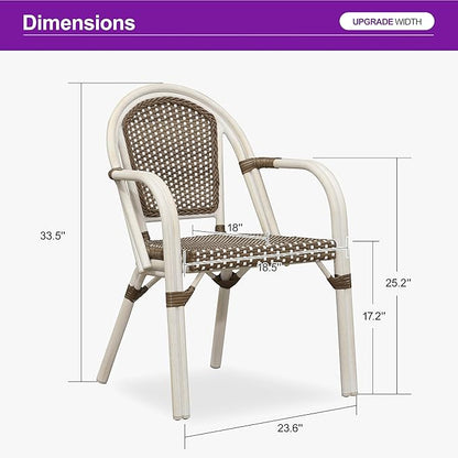PURPLE LEAF French Bistro Chairs Set of 2 Patio Dining Chairs Hand-Woven Aluminum Wicker Rattan Armchairs for Kitchen Porch Garden White Print Finish Brown
