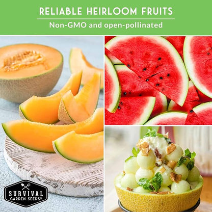 Fruit Seeds for Planting - 8 Variety Pack | Watermelon, Cantaloupe, Melon, Strawberry, Cucamelon for Home Vegetable Gardens - Non-GMO Heirloom Fruits - Survival Garden Seeds