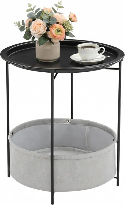 VECELO Round Side/End Table with Fabric Storage Basket，Metal Anti-Rust and Waterproof Small Bedside Nightstand with Removable Tray Top for Living Room，Balcony & Laundry，Black /1pcs with Basket