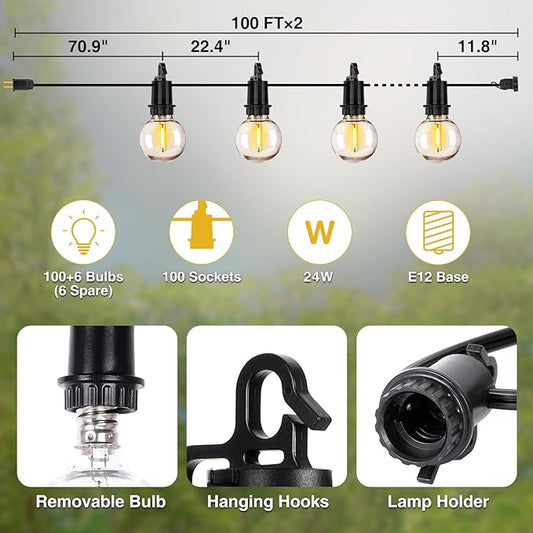 ZJOJO 200FT Outdoor String Lights, G40 Globe Outdoor Lights with 100 Shatterproof LED Bulbs (6 Spare), 2700K Hanging Waterproof Patio Light, Connectable String Lights for Outside Backyard Porch Party