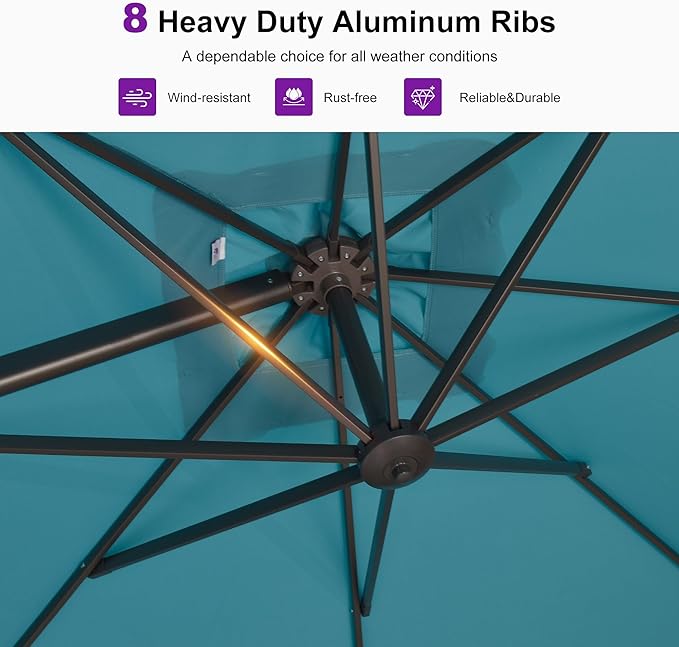 PURPLE LEAF 10' X 13' Patio Cantilever Umbrella with Base Rectangle Umbrella Outdoor with Aluminum Offset Hanging and 360° Rotation for Pool Garden Deck Patio, Turquoise