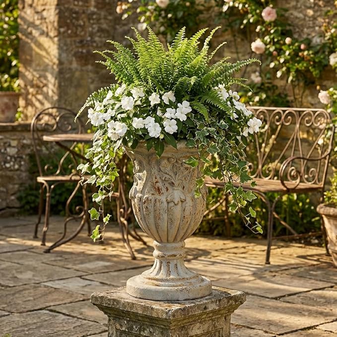 17 Inch Vintage Planter for Outdoor Plants, Embossed Design Durable and Sturdy Resin Fiber Flowerpots with Drainage Hole, Decorative Orchid Houseplant Pot Indoor Outdoor Plant Container