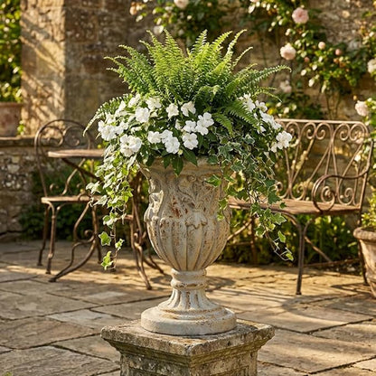 17 Inch Vintage Planter for Outdoor Plants, Embossed Design Durable and Sturdy Resin Fiber Flowerpots with Drainage Hole, Decorative Orchid Houseplant Pot Indoor Outdoor Plant Container