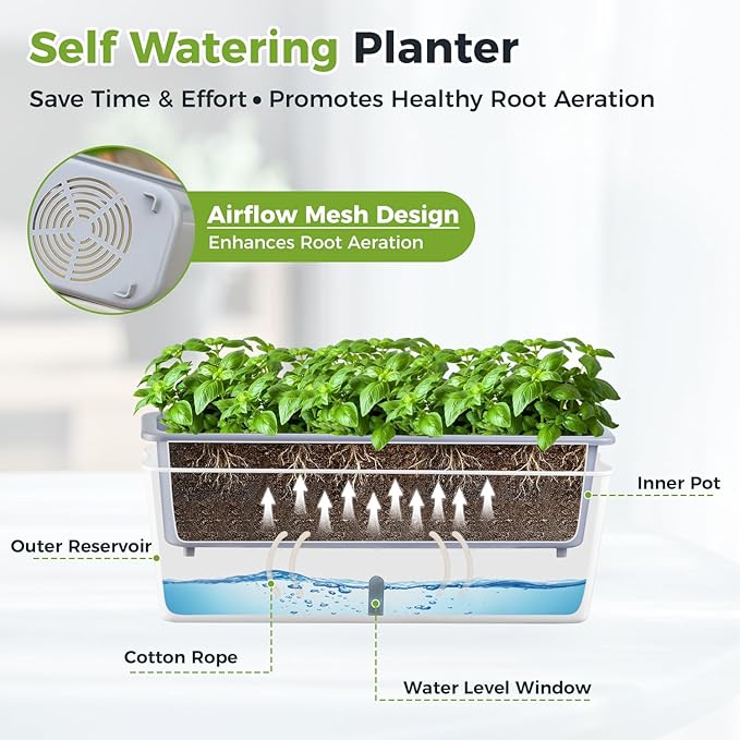 2 Pack Rectangular Planter 17 x 4.5 in Self Watering Planter Window Sill Planters Indoor Rectangle Planter Self Watering Pots Plastic Plant pots with Drainage Holes White Flower Pot Indoor