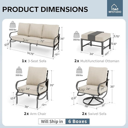 MFSTUDIO 7 Pieces Metal Patio Furniture Sets, 2 Swivel Chairs, 3-Seat Deep Seating Sofa, 2 Single Couch and 2 Ottoman, All Weather 9 Seats Outdoor Conversation Set for Garden Backyard，Beige Cushion