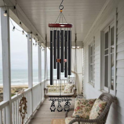 Personalized Customize Name Gnome Wind Chime, Metal Iron 37 Inch Outdoor Memorial Gift for Garden Yard Patio Home Decor, Black，Christmas (Style F)