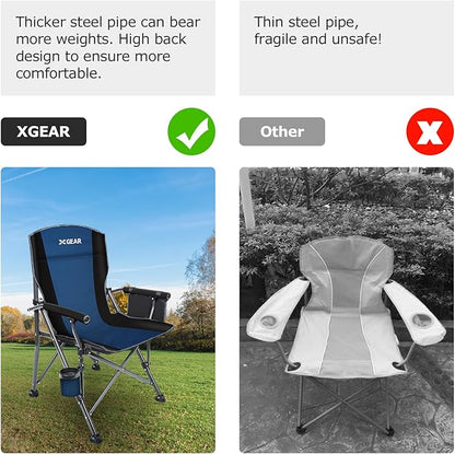 XGEAR Camping Chair with Padded Hard Armrest, Sturdy Folding Camp Chair with Cup Holder, Storage Pockets Carry Bag Included, Support to 400 lbs