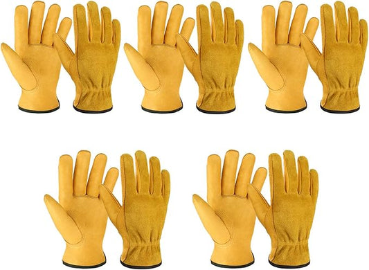 OZERO Leather Work Gloves for Men & Women, 5 Pairs Genuine Cowhide Garden Gloves, Lab Tested EN388 2143X, Flexible Grip, Breathable Unlined Comfort, Elastic Wrist (Gold, Large)