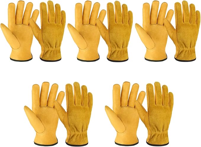 OZERO Leather Work Gloves for Men & Women, 5 Pairs Genuine Cowhide Garden Gloves, Lab Tested EN388 2143X, Flexible Grip, Breathable Unlined Comfort, Elastic Wrist (Gold, Small)