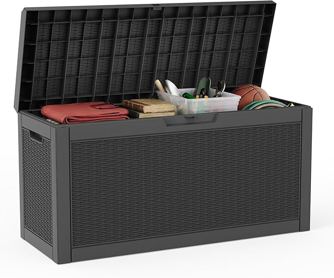 60 Gallon Deck Box, Waterproof Resin Outdoor Storage Box Lockable for Patio Furniture, Fade Resistant Patio Side Table & Organizer for Garden Tools, Pool Floats, Outdoor Cushions, Black