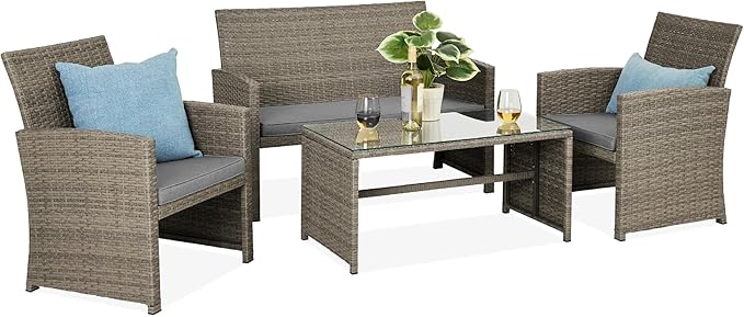 Best Choice Products 4-Piece Outdoor Wicker Patio Conversation Furniture Set for Backyard w/Coffee Table, Seat Cushions - Taupe/Cement Gray