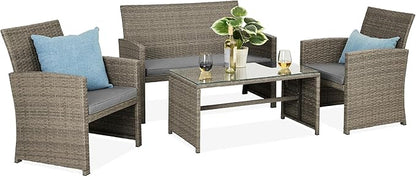 Best Choice Products 4-Piece Outdoor Wicker Patio Conversation Furniture Set for Backyard w/Coffee Table, Seat Cushions - Taupe/Cement Gray
