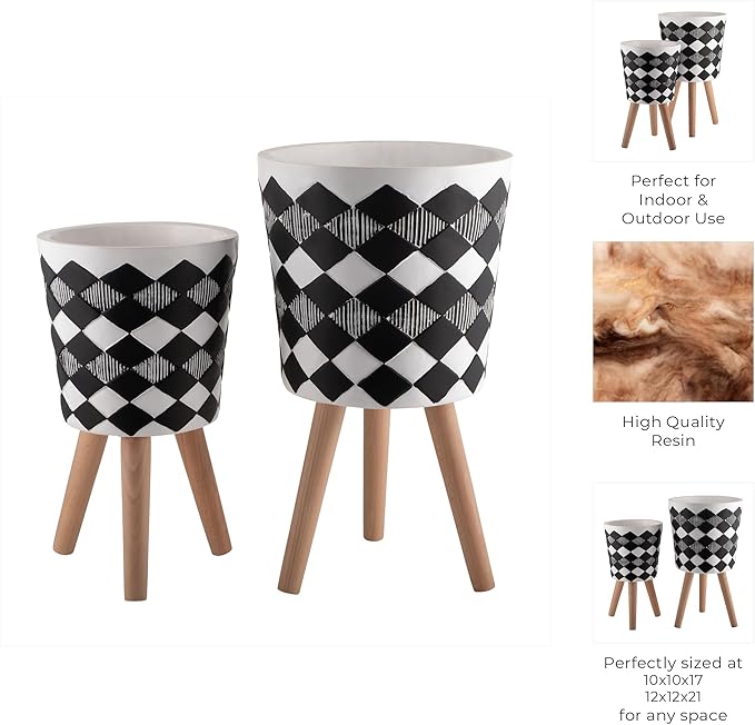 Sagebrook Home Set of 2 Geometric Planters on Stands - Resin & Wood Mid-Century Modern Plant Pots for Indoor/Outdoor Home & Garden Decor - 12" & 10", Black & White G