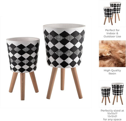 Sagebrook Home Set of 2 Geometric Planters on Stands - Resin & Wood Mid-Century Modern Plant Pots for Indoor/Outdoor Home & Garden Decor - 12" & 10", Black & White G