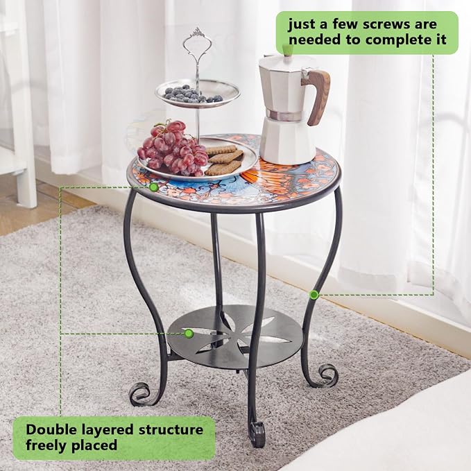 Outdoor Side Table Mosaic Patio Small End Table Metal Coffee Tea Accent Table for Patio Living Room Bedroom Yard Porch Garden (Red Butterfly)