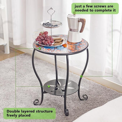 Outdoor Side Table Mosaic Patio Small End Table Metal Coffee Tea Accent Table for Patio Living Room Bedroom Yard Porch Garden (Red Butterfly)