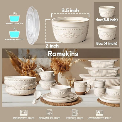 Artena Ramekins with Lids, Creme Brulee Ramekins Oven Safe, Ceramic Pudding Cups, Souffle Cups, Custard Cups, Dipping Sauce Cups, Food Storage Containers with Lids, Set of 4 (4 oz, Damask Floral)