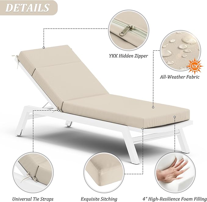 Chaise Lounge Cushion for Outdoor Furniture, Waterproof Fade and Tear Resistant Lounge Deck Chair Cushions for Patio Lawn Pool Resort Hotel