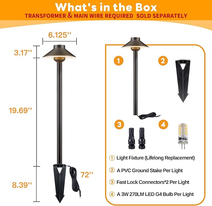 Gardenreet Brass Low Voltage Path Lights - 12V Landscaping Pathway Light IP65 Waterproof, Wired Walkway Lighting Outdoor, LED Bronze for Lawn Area Backyard with 3W 2700K Warm White G4 Bulb (8 Pack)