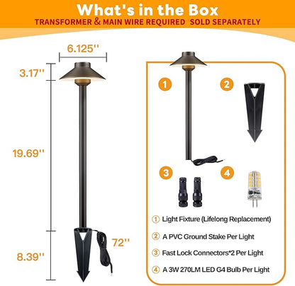 Gardenreet Low Voltage Landscape Sidewalk Lighting, Solid Brass Pathlights, LED Driveway Warm Light Waterproof, Hat Shaped 12V Wired Bronze for Walkway Garden with 3W 270LM 3000K G4 Bulb (6 Pack)