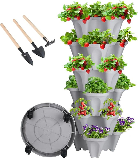 GameXcel Vertical Planter Tower- 6 Tier Stackable Garden Planter with Wheels and Tool Set – Grow Strawberries Herbs Flowers and Vegetables - Indoor Outdoor Use Gray