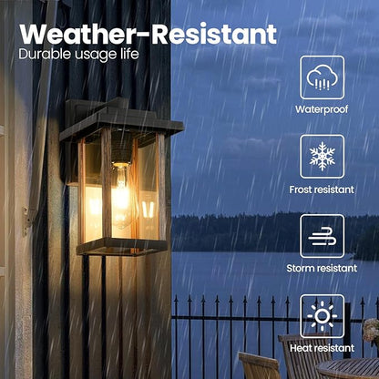 Outdoor Wall Sconce, Outside Porch Light Fixtures, Anti-Rust Exterior Wall Lights in Wood Grain & Black Finish with Clear Glass for Garage Doorway Entryway, 2 Pack