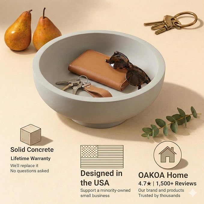 OAKOA Concrete Fruit Bowl for Kitchen Counter - Large Decorative Bowls for Home Decor - Modern Key Bowl for Entryway Table - Footed Pedestal Bowl for Keys