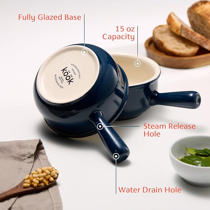 KooK French Onion Soup Bowls, French Onion Soup Crocks, Soup Bowl with Handles, 15 oz, Set of 4, Ceramic Bowls, Microwave, Dishwasher Safe & Oven safe, Stoneware,(Navy)