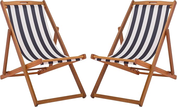 SAFAVIEH Outdoor Patio Furniture Collection – Loren Solid Eucalyptus Wood Folding Sling Chair Set of 2 with Navy & White Striped Fabric Seat, Coastal Style (PAT7040F-SET2)