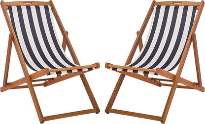 SAFAVIEH Outdoor Patio Furniture Collection – Loren Solid Eucalyptus Wood Folding Sling Chair Set of 2 with Navy & White Striped Fabric Seat, Coastal Style (PAT7040F-SET2)