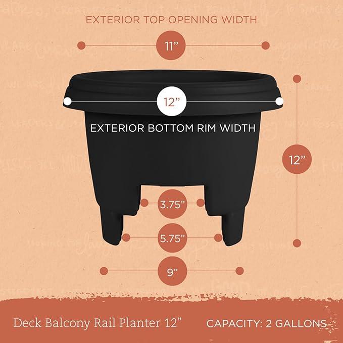 Bloem 12" Black Resin Deck Rail Round Planter, 9" H, 12" L, 12" W, Fits Rail Sizes Between 3.25" - 3.75" Wide